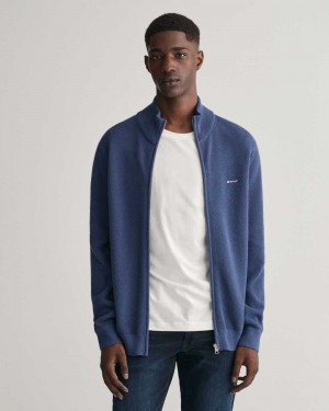 Gant Cotton Piqué Zip Men's Cardigan Dusty Blue Sea | SYKXV-9514