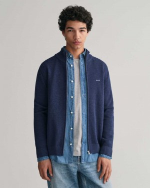 Gant Cotton Piqué Zip Men's Cardigan Marine Melange | BPGUA-7826