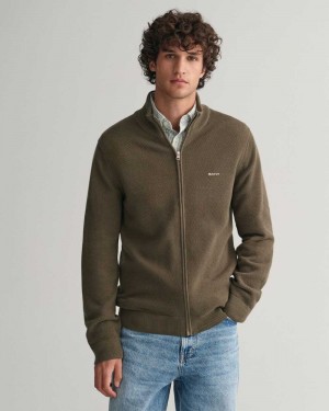 Gant Cotton Piqué Zip Men's Cardigan Racing Green | KGMZL-2850