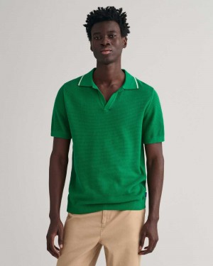 Gant Cotton Textured Open Collar Polo Men's Sweater Lavish Green | GLVCN-4810