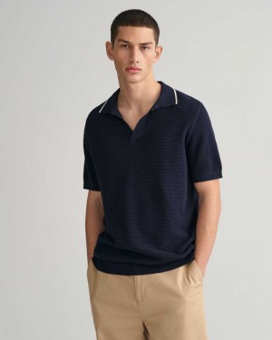 Gant Cotton Textured Open Collar Polo Men's Sweater Evening Blue | FASCQ-6720