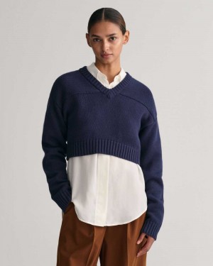 Gant Cropped V-Neck Women's Sweater Evening Blue | KOFJA-6138