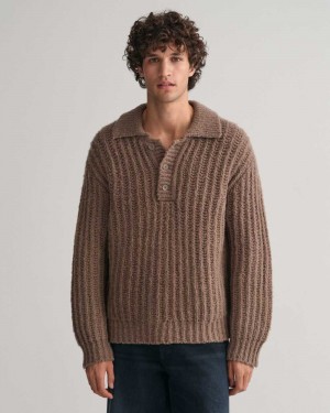 Gant Curly Wool Ribbed Polo Men's Sweater Desert Brown | BRPJG-6872