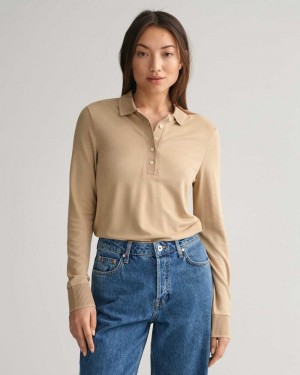 Gant Detail Collared Long Sleeve Women's Polo Shirt Dark Khaki | HZVKM-3895