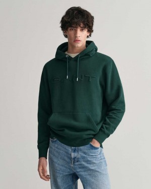 Gant Embossed Men's Hoodie Tartan Green | IWVEA-4270