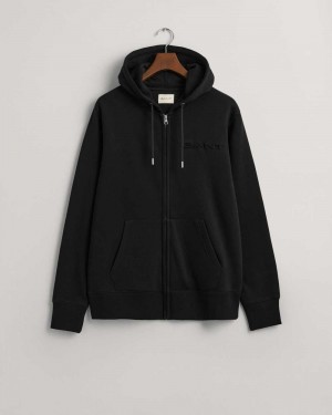 Gant Embossed Zip Men's Hoodie Black | VLDEN-1023