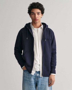 Gant Embossed Zip Men's Hoodie Evening Blue | OUZIF-5297