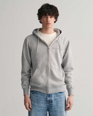 Gant Embossed Zip Men's Hoodie Grey Melange | ZGPOC-8476