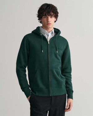 Gant Embossed Zip Men's Hoodie Tartan Green | CJBFX-4290