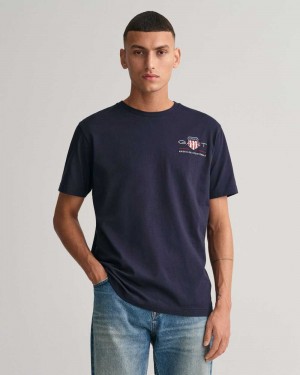 Gant Embroidered Archive Shield Men's T-Shirt Evening Blue | TKXAS-4731