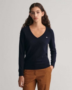 Gant Extra Fine V-Neck Women's Sweater Evening Blue | CISPG-2048