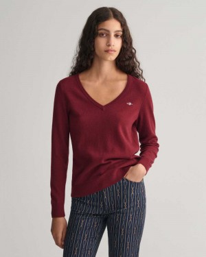 Gant Extra Fine V-Neck Women's Sweater Plumped Red | EHPUR-0873