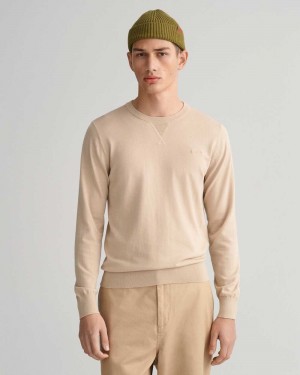 Gant Fine Cotton Crew Neck Men's Sweater Dry Sand | KXNFO-8410