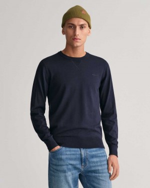 Gant Fine Cotton Crew Neck Men's Sweater Evening Blue | FGUPA-7325