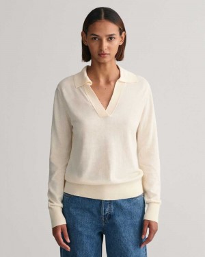 Gant Fine Knit Rugger Women's Sweater Cream | KNTQA-2405