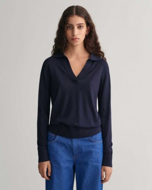 Gant Fine Knit Rugger Women's Sweater Evening Blue | TPRIU-0164