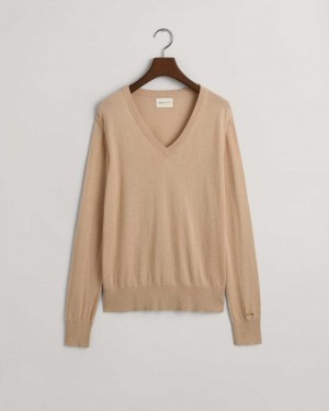 Gant Fine Knit V-Neck Women's Sweater Dry Sand | QIWOP-5296