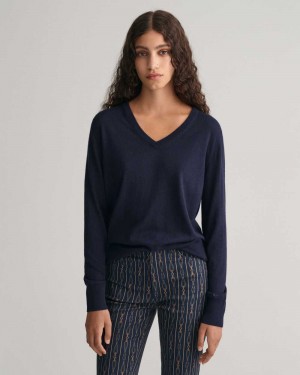 Gant Fine Knit V-Neck Women's Sweater Evening Blue | WTKNA-0359