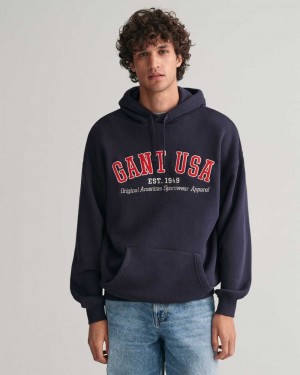 Gant GANT USA Men's Hoodie Evening Blue | QYWDL-1905