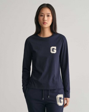 Gant G Crew Neck Long Sleeve Women's T-Shirt Evening Blue | HMKEP-0127