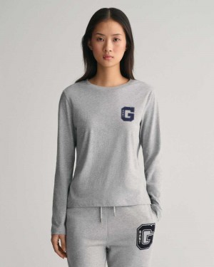 Gant G Crew Neck Long Sleeve Women's T-Shirt Grey Melange | ZMQYN-9073