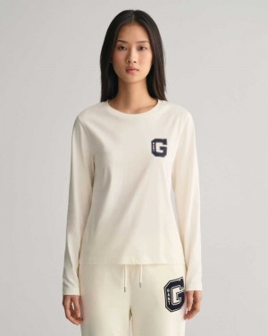 Gant G Crew Neck Long Sleeve Women's T-Shirt Cream | THAOL-4123