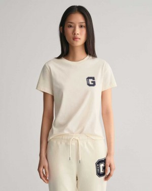 Gant G Crew Neck Women's T-Shirt Cream | RHDZQ-8012