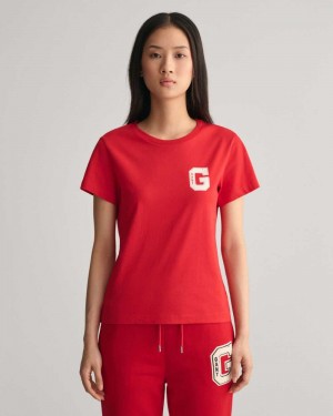 Gant G Crew Neck Women's T-Shirt Ruby Red | OPDHV-7301