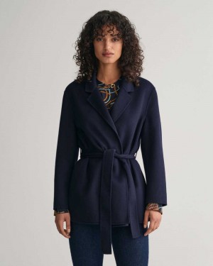 Gant Handstitched Belted Women's Blazer Evening Blue | HJXQT-7643