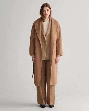 Gant Handstitched Belted Women's Coats Warm Khaki | RNIUO-1354