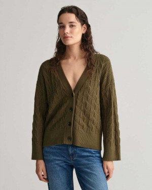 Gant Herringbone V-Neck Women's Cardigan Dark Cactus | OSCKU-4062