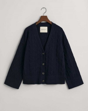 Gant Herringbone V-Neck Women's Cardigan Evening Blue | OUPMC-0342