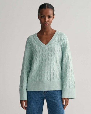 Gant Herringbone V-Neck Women's Sweater Dusty Turquoise | ZCOGT-3401