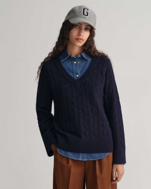 Gant Herringbone V-Neck Women's Sweater Evening Blue | INVFH-9147