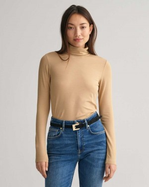 Gant Jersey Long Sleeve Turtleneck Women's Sweater Dark Khaki | CLXER-6501