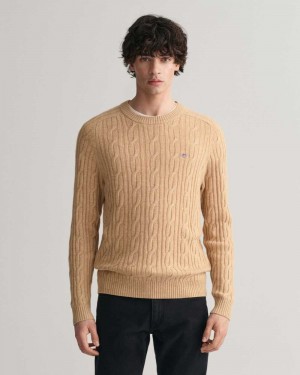 Gant Lambswool Cable Knit Crew Neck Men's Sweater Khaki Melange | FZQBN-9741