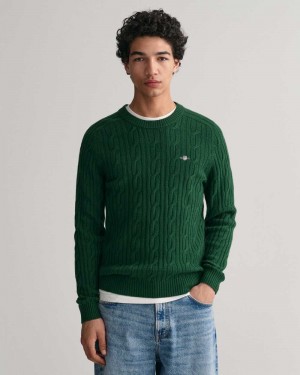 Gant Lambswool Cable Knit Crew Neck Men's Sweater Forest Green | ELYRK-8764