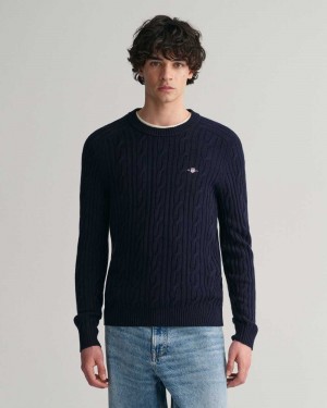 Gant Lambswool Cable Knit Crew Neck Men's Sweater Evening Blue | GBPLX-0183