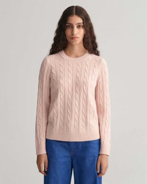 Gant Lambswool Cable Knit Crew Neck Women's Sweater Faded Pink | KBDYH-3890