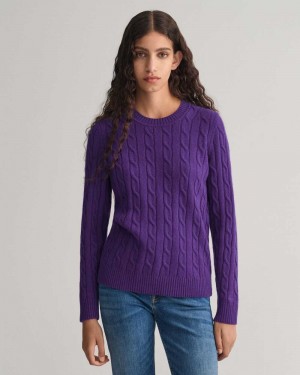 Gant Lambswool Cable Knit Crew Neck Women's Sweater Pansy Purple | YUIGS-2754