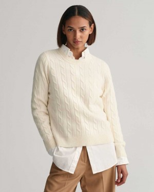 Gant Lambswool Cable Knit Crew Neck Women's Sweater Cream | WBHJS-6543