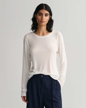 Gant Lightweight Long Sleeve Women's T-Shirt Beige White | VHDXY-2731