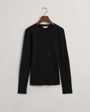 Gant Lightweight Long Sleeve Women's T-Shirt Black | RYIAT-9603