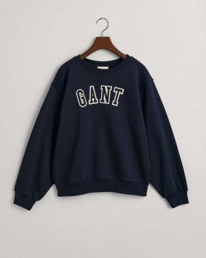 Gant Logo Crew Neck Women's Sweatshirts Evening Blue | TZUHR-2438