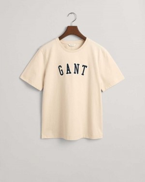 Gant Logo Crew Neck Women's T-Shirt Beige | FULJM-7263