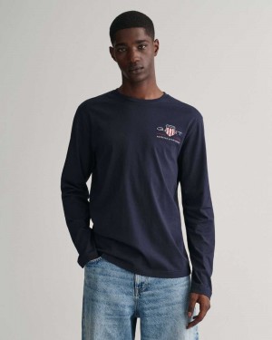 Gant Medium Archive Shield Long Sleeve Men's T-Shirt Evening Blue | CKBHA-8526