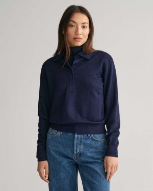 Gant Metallic Polo Women's Sweater Evening Blue | SVUXW-6130