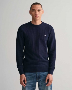 Gant Micro Cotton Textured Crew Neck Men's Sweater Evening Blue | FJCYK-9547