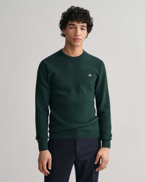 Gant Micro Cotton Textured Crew Neck Men's Sweater Tartan Green | ZNXTU-1428