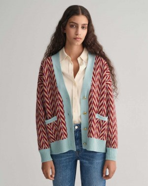 Gant Multicolored Herringbone Women's Cardigan Dusty Turquoise | CSTGN-5836